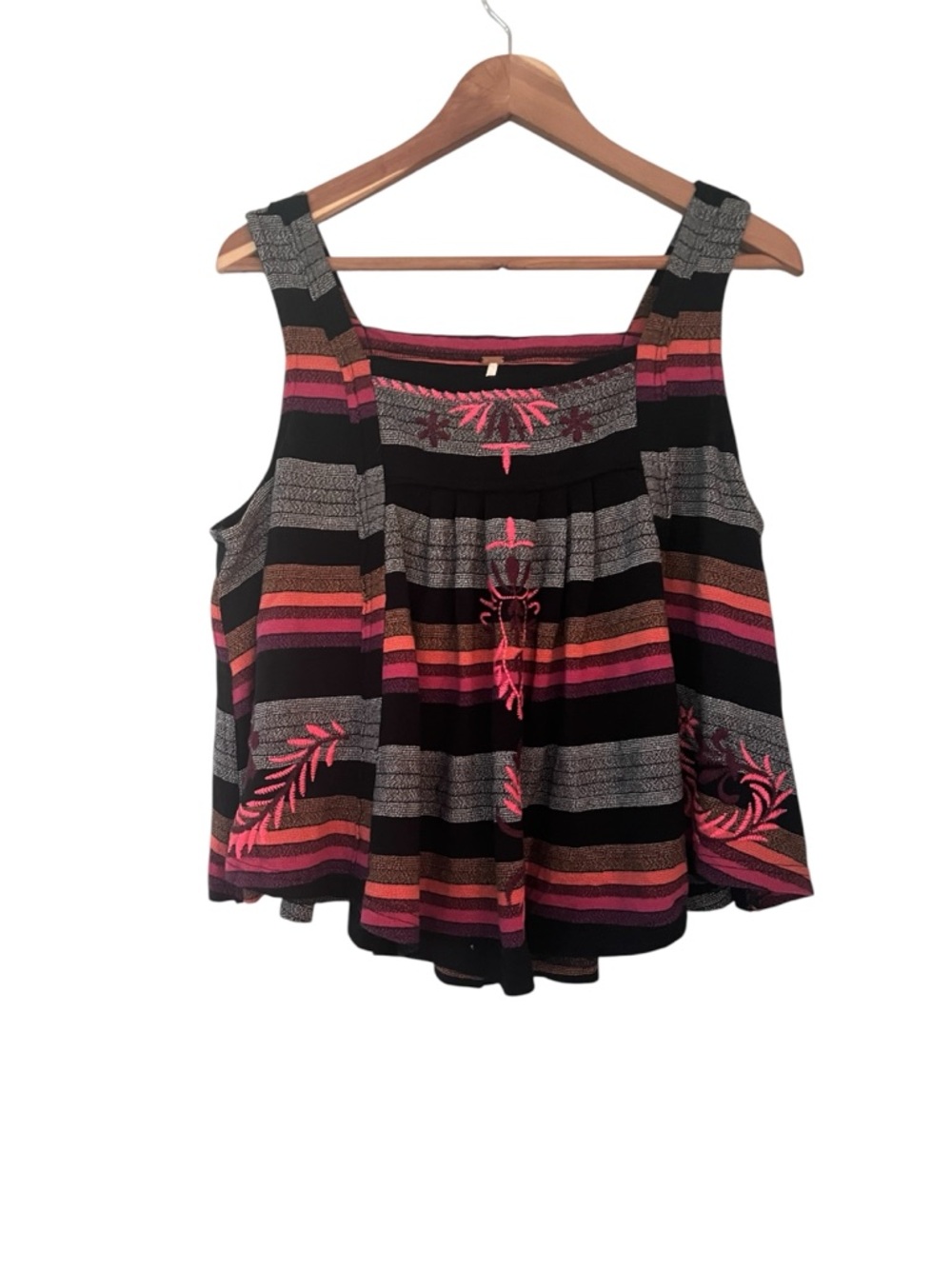 Free People Striped Embroidered Black Pink Orange Swing Boho Festival Tank Top M